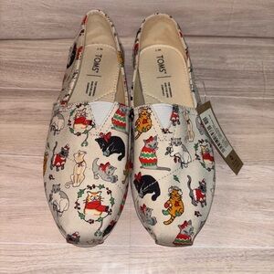 TOMS Belmont Christmas Holiday Cats Canvas Flat Shoes Slip On Womens 7